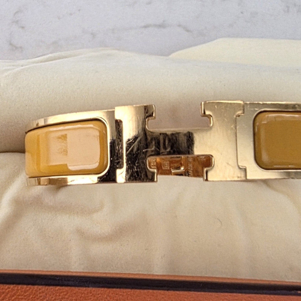 Authentic Hermes Gold & Yellow Cuff Bracelet Hermès Clic H Narrow Size PM (Petit - Picture 4 of 11